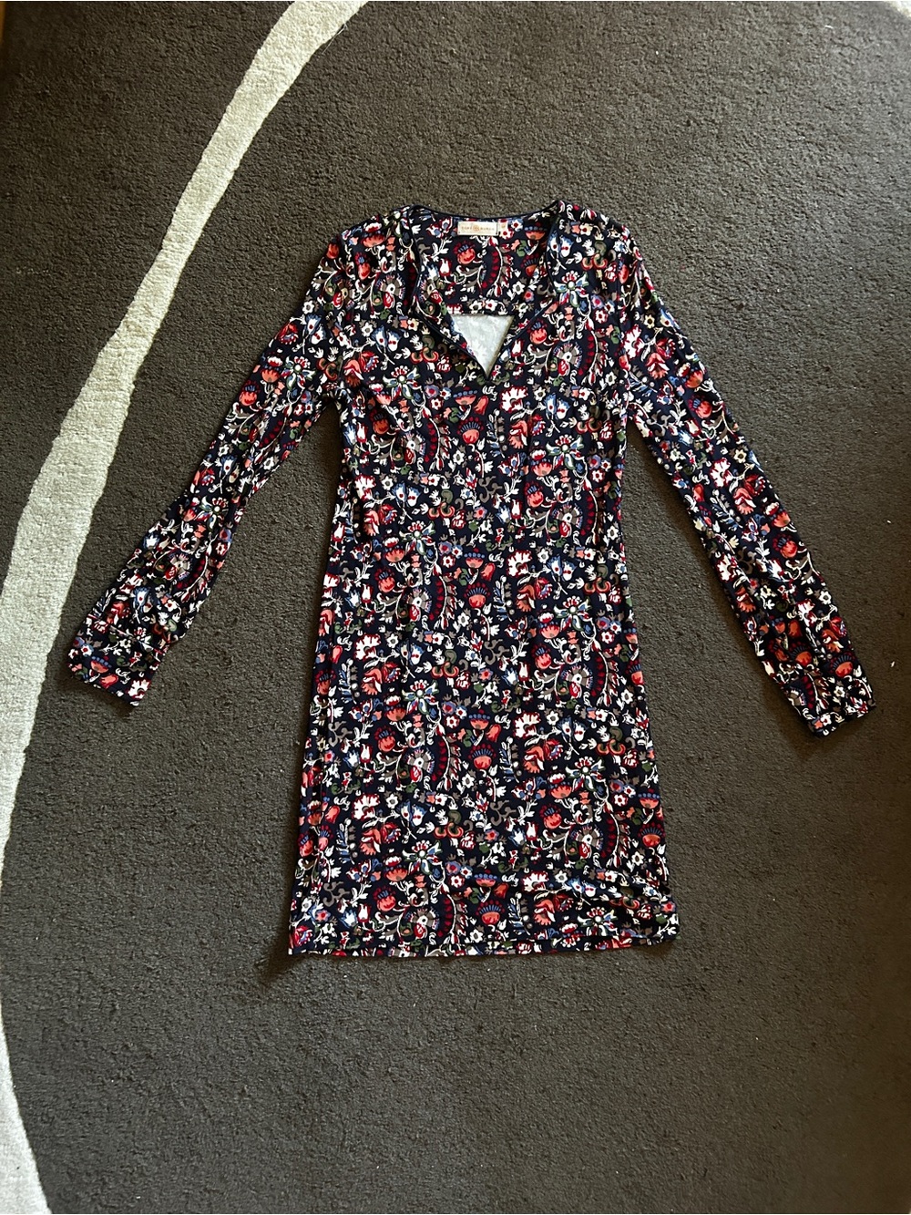 Tory Burch Navy Long-Sleeve Floral Shift Dress with Red & White Accents